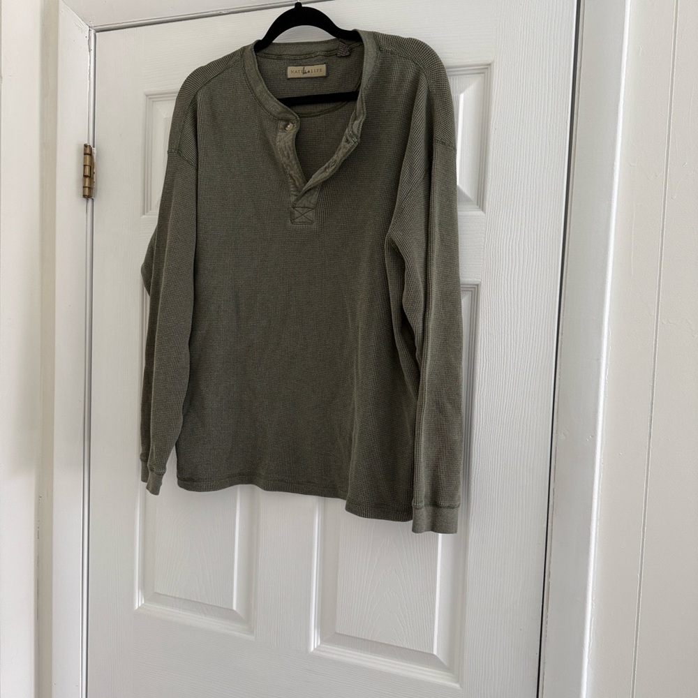 Natural Life Olive Waffle Knit Henley Long Sleeve Top Size L
